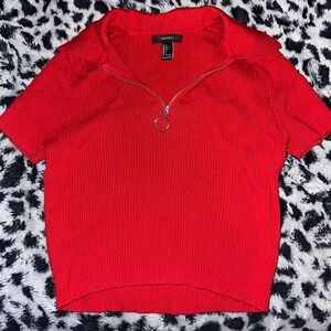 Forever 21 Red Short Sleeve Zip-Up Top